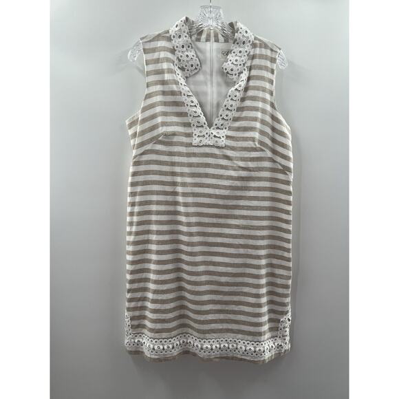 Eliza J Dresses & Skirts - Eliza J Sleeveless Shift Dress Linen Blend Beige White Stripe Lined 14 Cruise